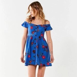 Urban Outfitters Dress Womens Large Blue Floral Linen Button Up new Mini Flowy